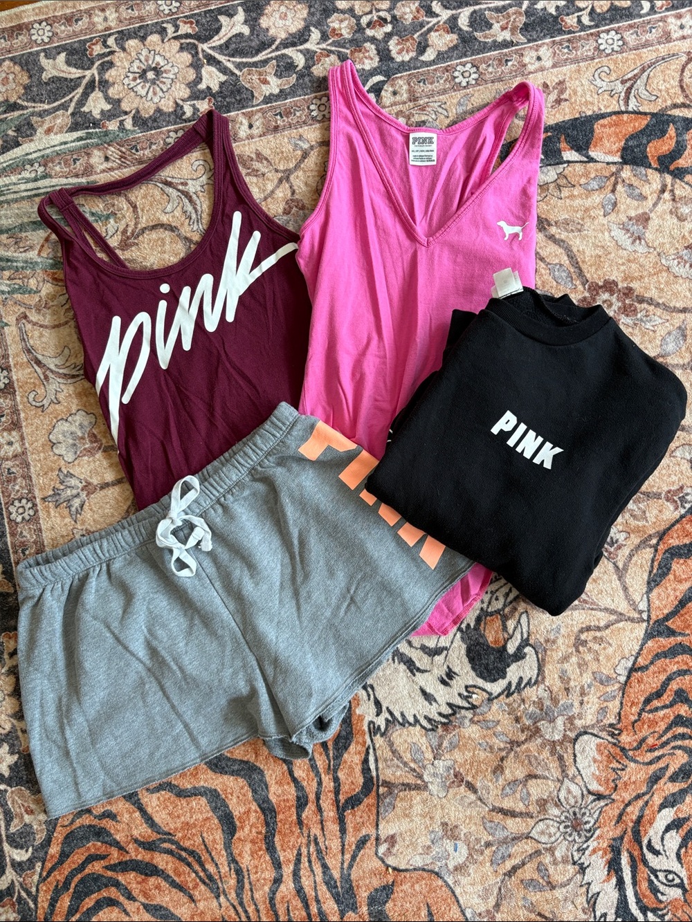 PINK Logo Tanks, Sweatshirt & Grey Lounge Shorts - Pink, Maroon, Black, Gray